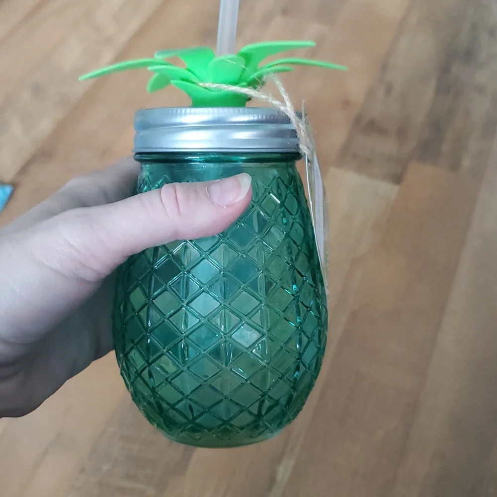Cabana NWT‎ Green Scored Glass Pineapple Sipper Jar